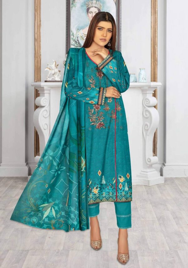 3-Piece Digital Printing Lawn Suit with Lawn Dupatta - Ladies Suit Elevate your style with our exquisite 3-Piece Digital Printing Lawn Suit, designed specifically for ladies who appreciate both elegance and comfort. This suit is a perfect blend of modern design and traditional craftsmanship, making it an ideal choice for various occasions, be it casual gatherings or festive events. Key Features 1. High-Quality Lawn Fabric - Made from premium quality lawn fabric, this suit offers a soft and breathable texture, ensuring maximum comfort throughout the day. - The lightweight fabric is perfect for the warmer months, keeping you cool and comfortable. 2. Exquisite Digital Printing - The suit features stunning digital prints that add a touch of sophistication and charm. - The vibrant and intricate designs are sure to make you stand out in any crowd. 3. 3-Piece Set - The set includes a beautifully printed lawn shirt, a matching printed lawn dupatta, and a pair of coordinating trousers. - The three pieces come together to create a cohesive and stylish ensemble. 4. Lawn Dupatta - The suit comes with a matching lawn dupatta, featuring the same intricate digital prints as the shirt. - The dupatta adds an extra layer of elegance and completes the overall look. 5. Perfect Fit and Versatility - Available in multiple sizes, the suit is designed to provide a perfect fit for every body type. - The versatile design makes it suitable for various occasions, whether you’re attending a casual get-together or a festive celebration. Why Choose Our 3-Piece Digital Printing Lawn Suit? - Comfort and Style: Combining the comfort of high-quality lawn fabric with the elegance of digital prints, this suit ensures you look and feel your best. - Durability: The premium fabric and high-quality prints ensure that the suit remains vibrant and intact even after multiple washes. - Affordability: Priced reasonably, this suit offers great value for money without compromising on quality or style.