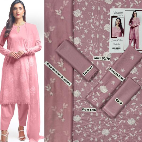 This stunning 3-piece unstitched lawn suit from Bareeze's Summer Collection, available at AlMuminun Cloth, is a true embodiment of elegance and sophistication. Draped in a soft, pastel pink hue, this ensemble is adorned with intricate white embroidery that gracefully decorates the entire outfit. The shirt’s front and back are beautifully embroidered with delicate floral patterns, creating a harmonious blend of tradition and style. The sleeves also carry the same exquisite embroidery, ensuring a seamless and cohesive look. Crafted from 90/70 Lawn, the shirt offers a light and breathable feel, making it perfect for warm weather. The trousers are designed with high-quality fabric that perfectly complements the embroidered shirt, while the embroidered bamber dupatta adds a luxurious touch, completing the ensemble with grace. This outfit is perfect for a variety of occasions, whether it’s a casual day out or a festive celebration. The timeless design, combined with the superior quality of AlMuminun Cloth, makes this a must-have addition to your wardrobe.